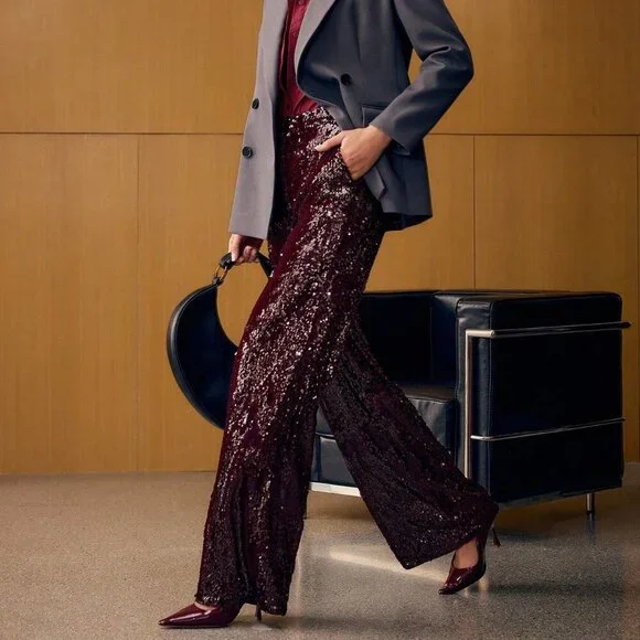 Burgundy Party Women's Contrast Sequin Straight Leg Suit Pants